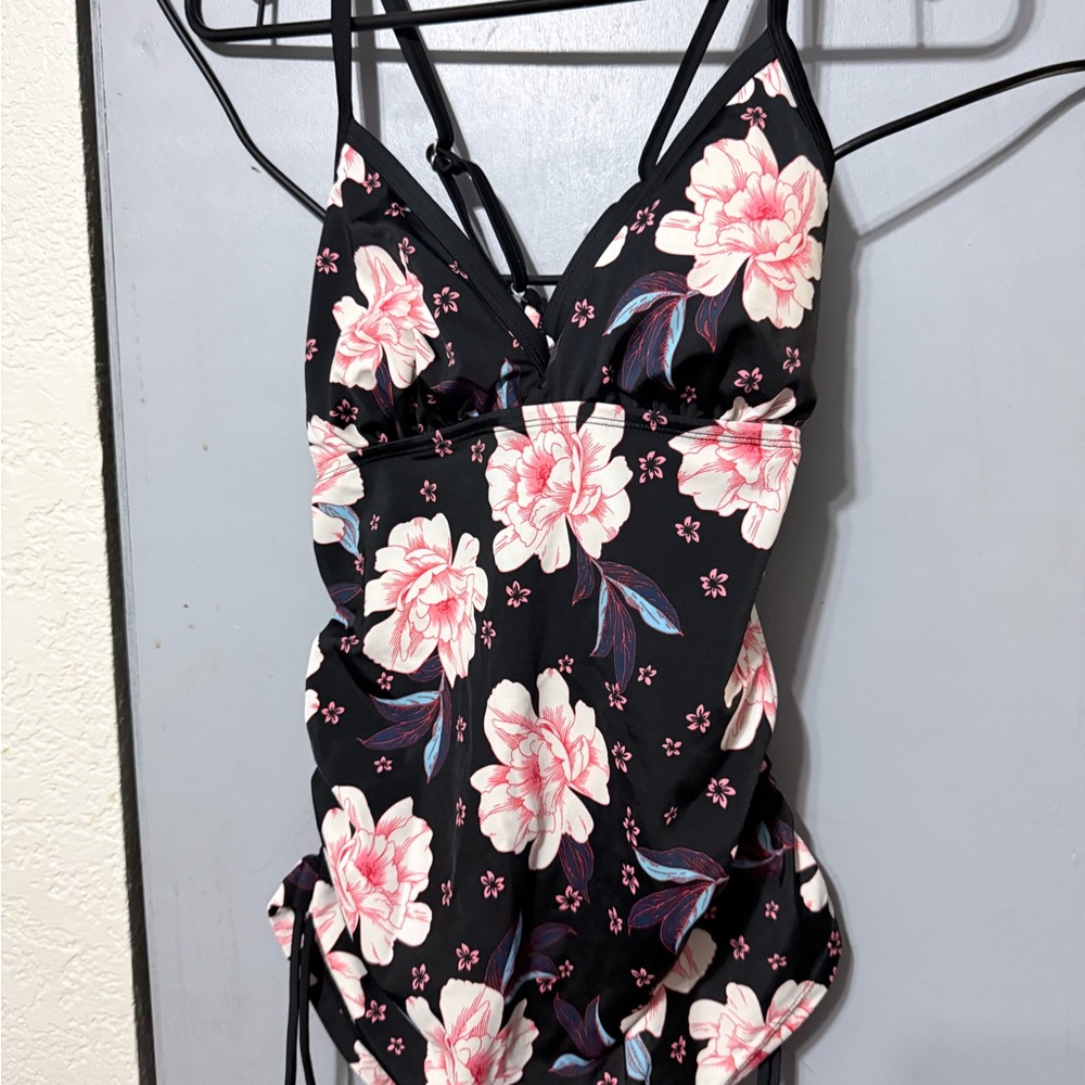 Avia Black and Pink Floral Swim Bodysuit